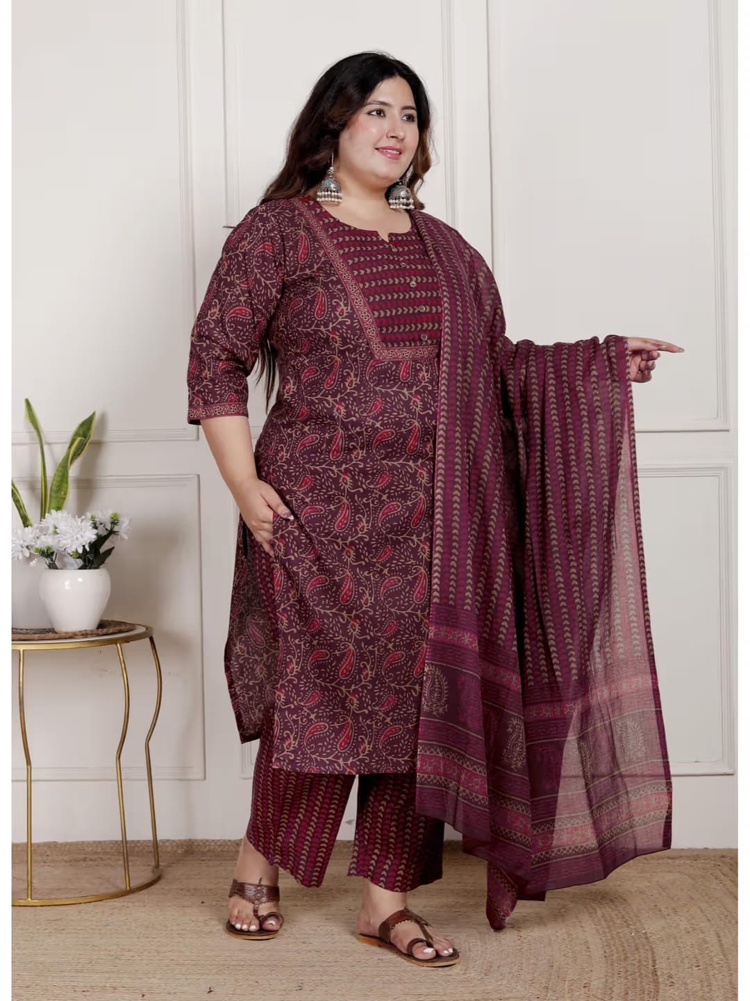 Purple Color Women Cotton Floral Kurta with Pant and Dupatta-22390330