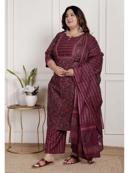 Purple Color Women Cotton Floral Kurta with Pant and Dupatta-22390330