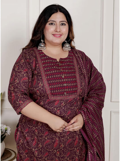 Purple Color Women Cotton Floral Kurta with Pant and Dupatta-22390330