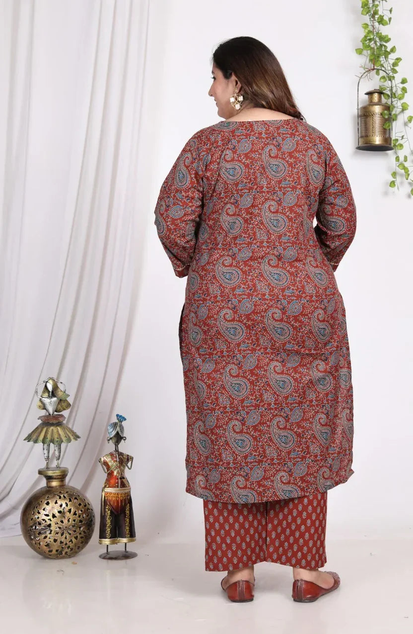 Maroon Cotton Printed Kurta Pant Set with Dupatta Plus Size-200008