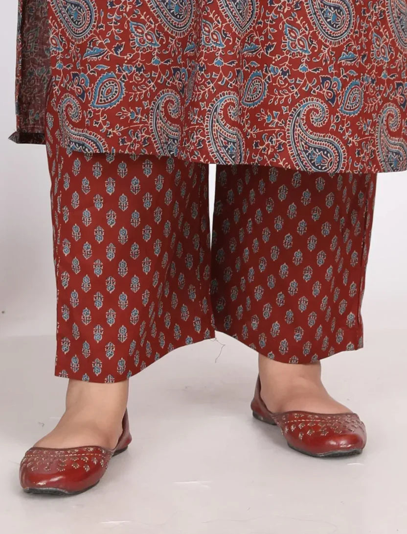 Maroon Cotton Printed Kurta Pant Set with Dupatta Plus Size-200008