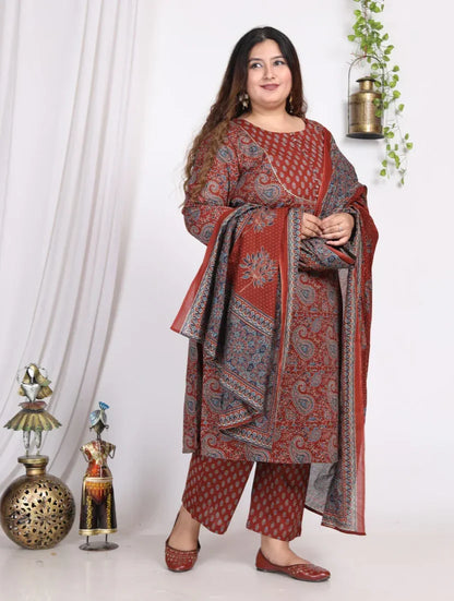 Maroon Cotton Printed Kurta Pant Set with Dupatta Plus Size-200008