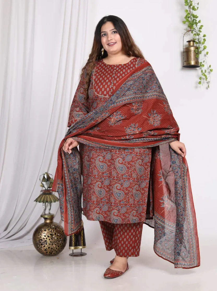 Maroon Cotton Printed Kurta Pant Set with Dupatta Plus Size-200008