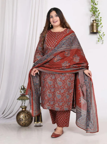 Maroon Cotton Printed Kurta Pant Set with Dupatta Plus Size-200008