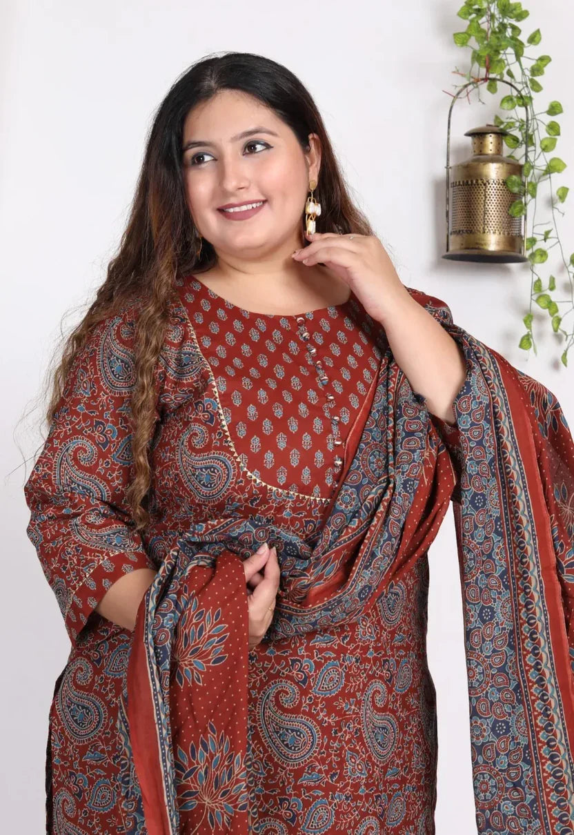 Maroon Cotton Printed Kurta Pant Set with Dupatta Plus Size-200008
