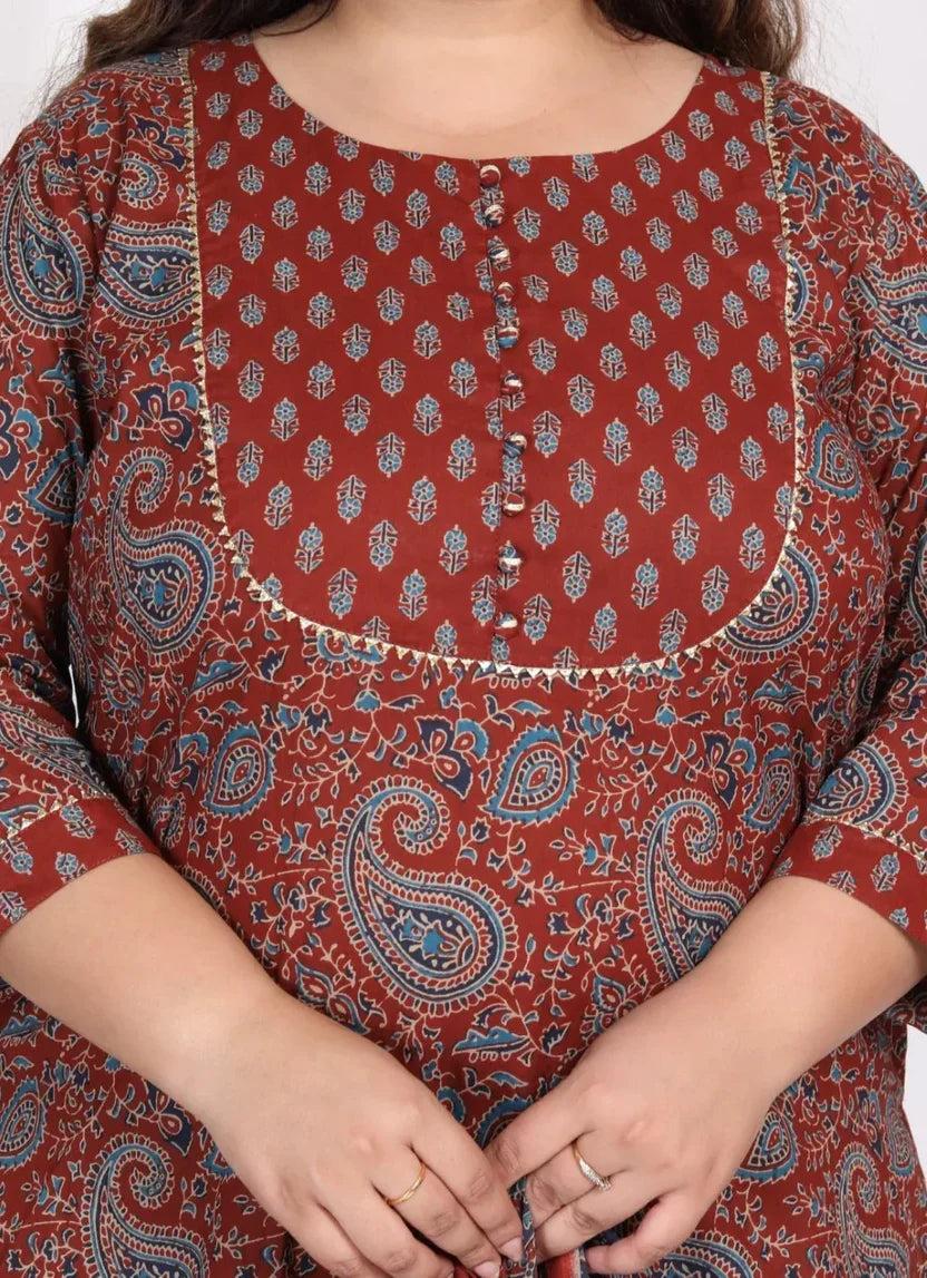 Maroon Cotton Printed Kurta Pant Set with Dupatta Plus Size-200008