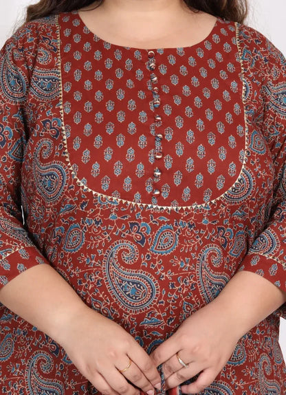 Maroon Cotton Printed Kurta Pant Set with Dupatta Plus Size-200008