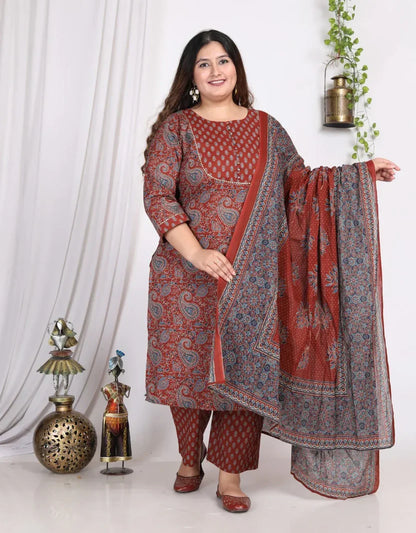 Maroon Cotton Printed Kurta Pant Set with Dupatta Plus Size-200008