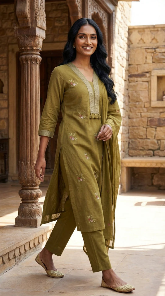 Mehendi Green Embroidery Cotton Kurta Pant Set with Dupatta-800214
