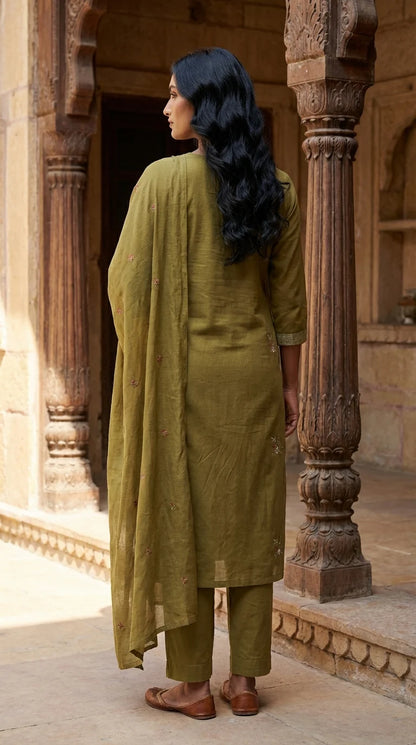 Mehendi Green Embroidery Cotton Kurta Pant Set with Dupatta-800214