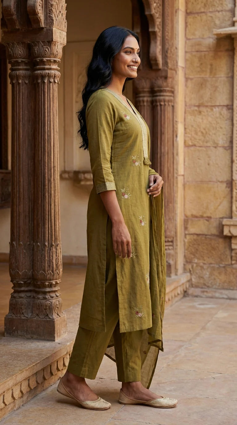 Mehendi Green Embroidery Cotton Kurta Pant Set with Dupatta-800214