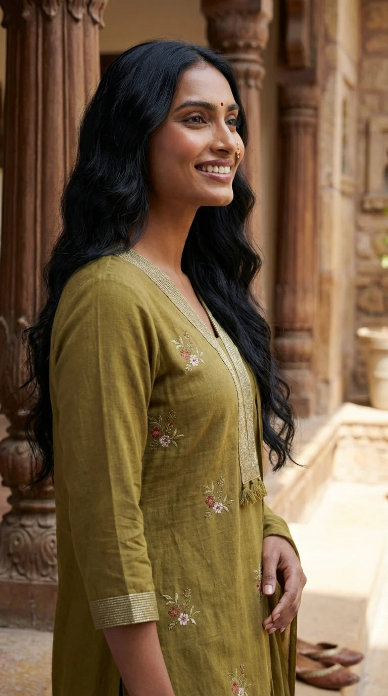 Mehendi Green Embroidery Cotton Kurta Pant Set with Dupatta-800214