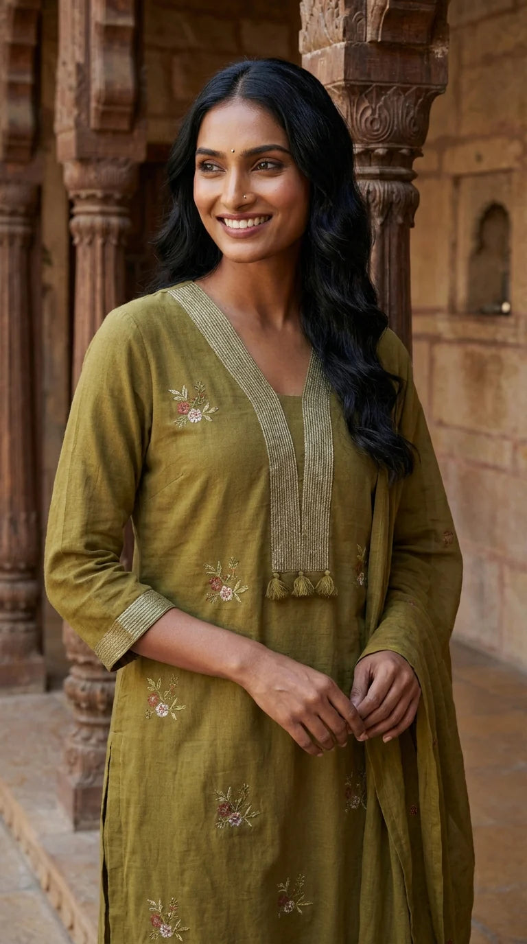 Mehendi Green Embroidery Cotton Kurta Pant Set with Dupatta-800214