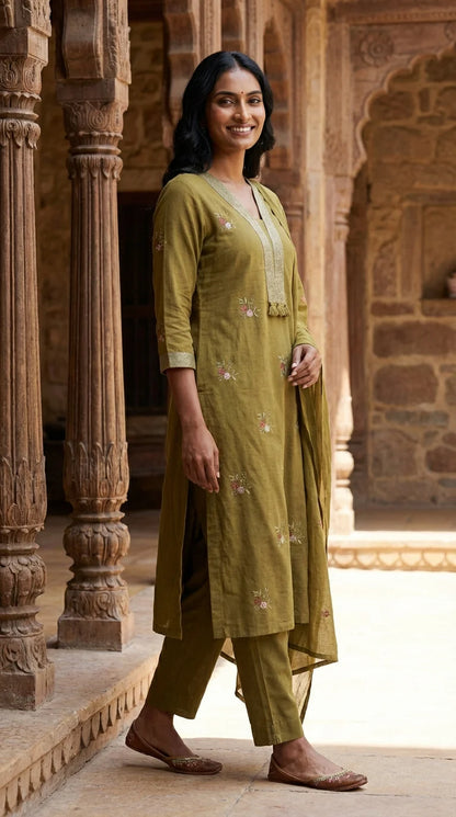 Mehendi Green Embroidery Cotton Kurta Pant Set with Dupatta-800214