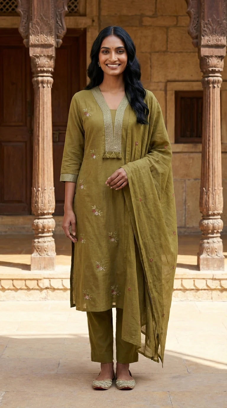Mehendi Green Embroidery Cotton Kurta Pant Set with Dupatta-800214