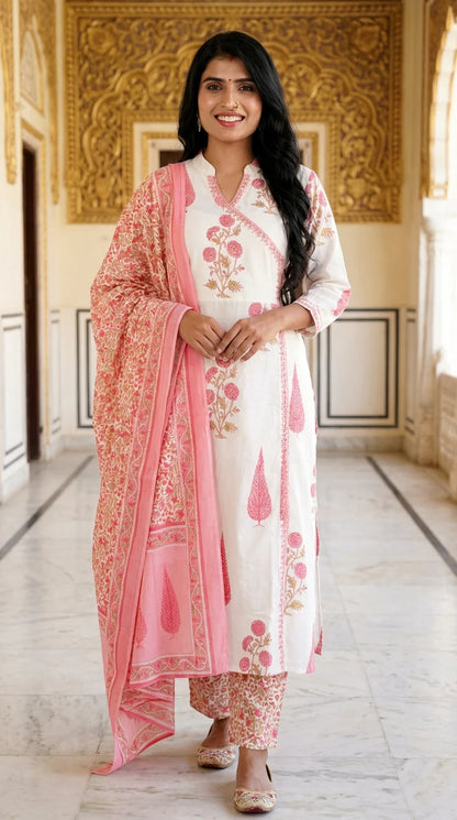 Off White Mul Cotton Jaipuri Kurta Pant Set with Dupatta-800131