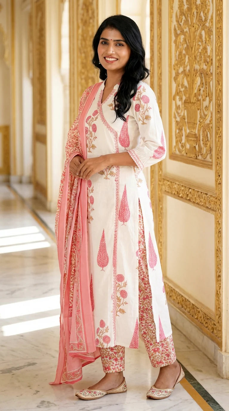 Off White Mul Cotton Jaipuri Kurta Pant Set with Dupatta-800131