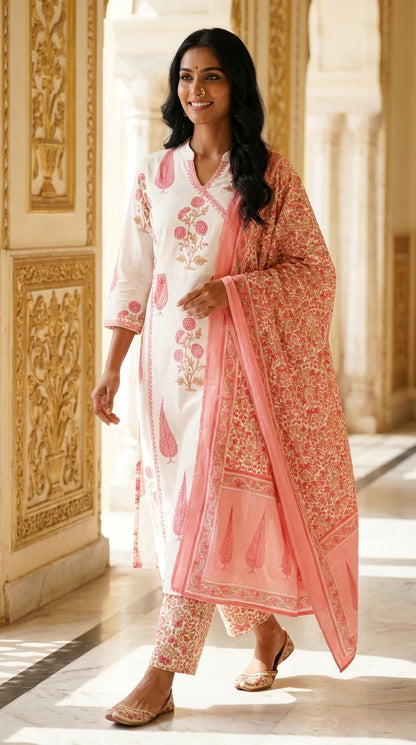 Off White Mul Cotton Jaipuri Kurta Pant Set with Dupatta-800131