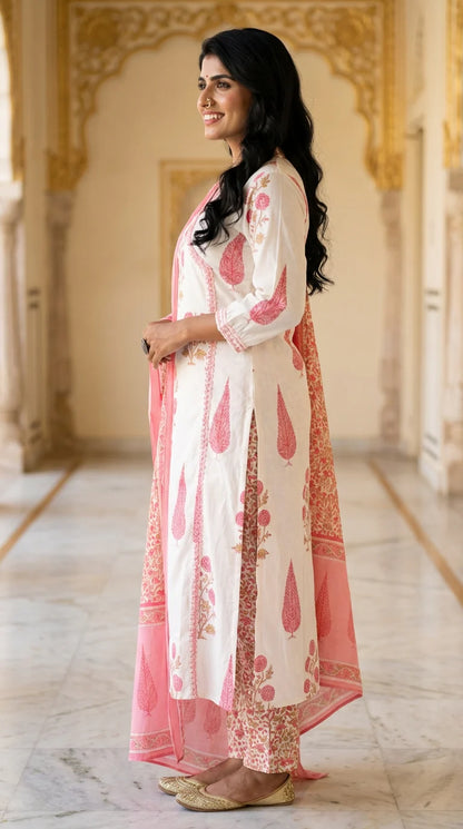 Off White Mul Cotton Jaipuri Kurta Pant Set with Dupatta-800131