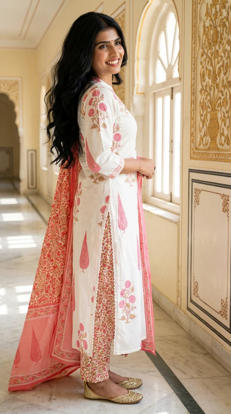 Off White Mul Cotton Jaipuri Kurta Pant Set with Dupatta-800131