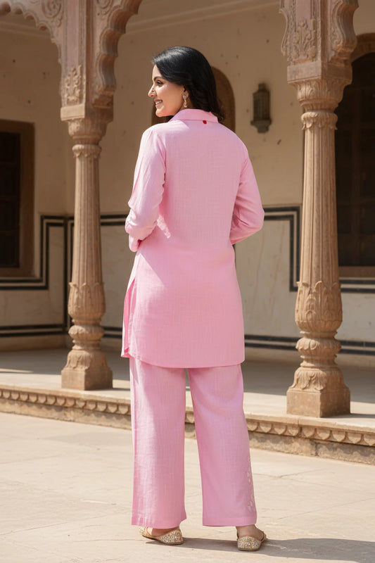 Pink Khadi Cotton Solid Co-ord Set-121012