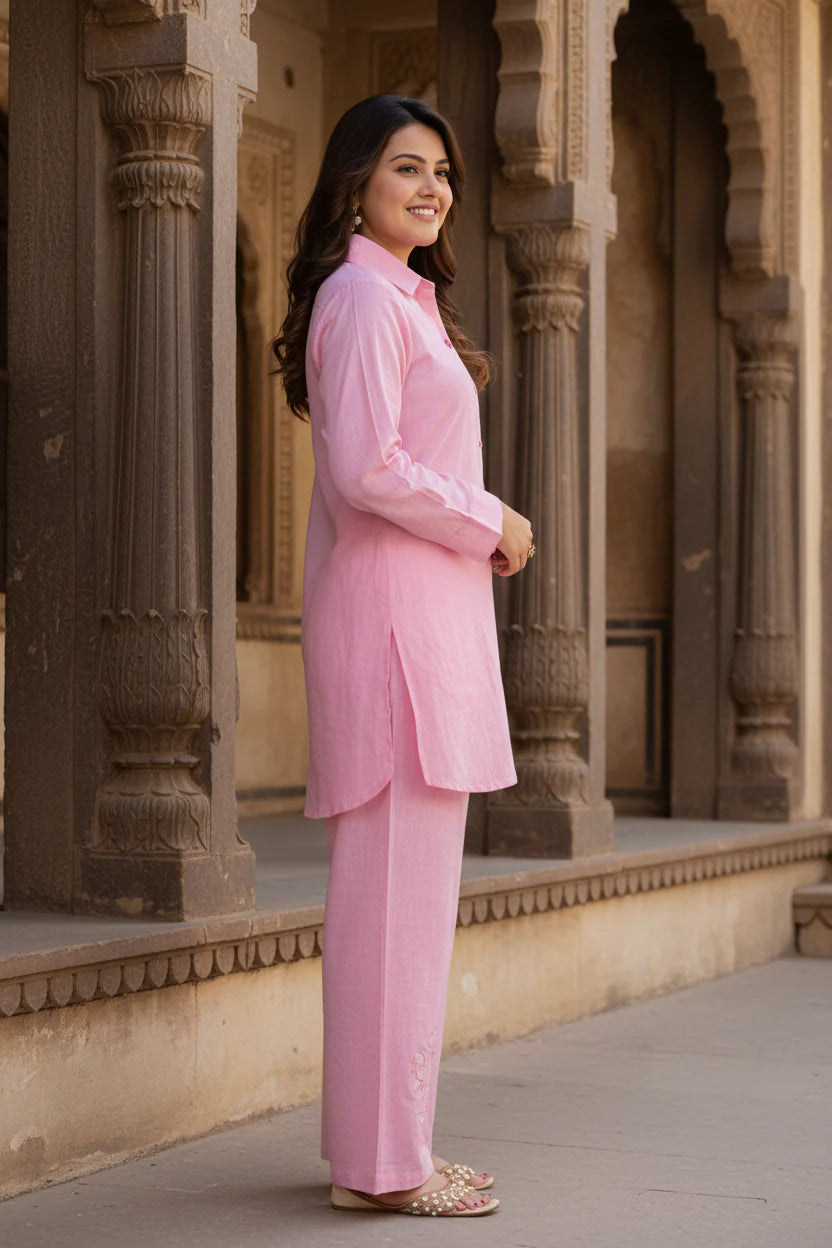 Pink Khadi Cotton Solid Co-ord Set-121012