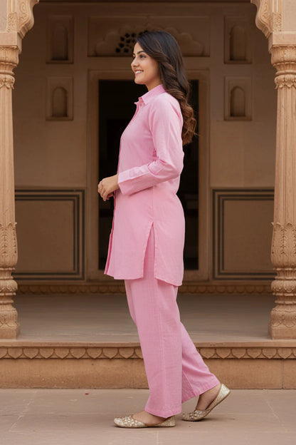 Pink Khadi Cotton Solid Co-ord Set-121012