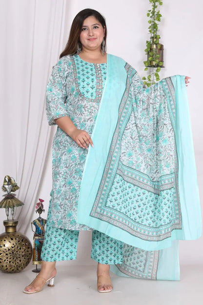 Sky Blue Cotton Printed Kurta Pant Set with Dupatta Plus Size-720