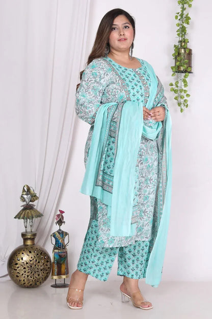 Sky Blue Cotton Printed Kurta Pant Set with Dupatta Plus Size-720