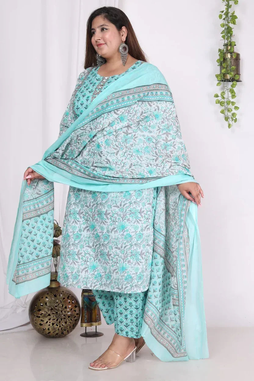 Sky Blue Cotton Printed Kurta Pant Set with Dupatta Plus Size-720
