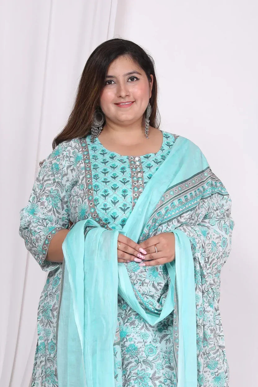 Sky Blue Cotton Printed Kurta Pant Set with Dupatta Plus Size-720