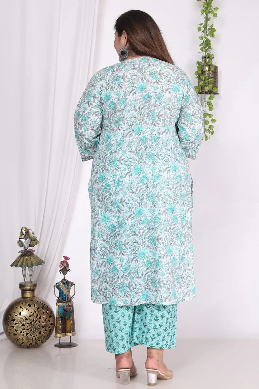 Sky Blue Cotton Printed Kurta Pant Set with Dupatta Plus Size-720