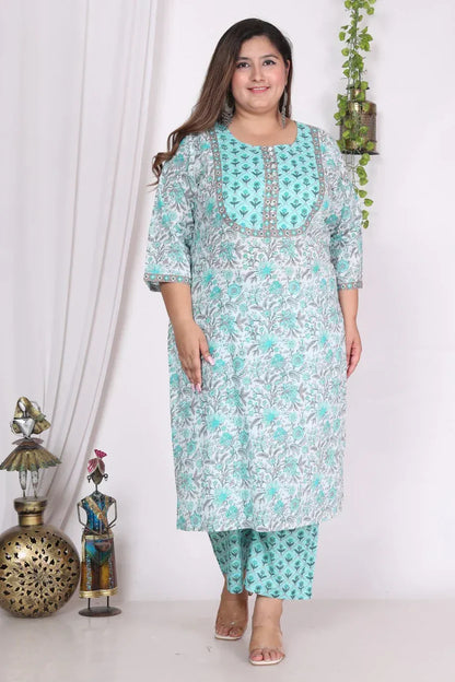 Sky Blue Cotton Printed Kurta Pant Set with Dupatta Plus Size-720