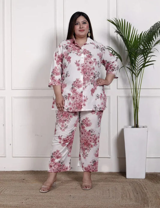 Pink Cotton Floral Print Co-ord Set Plus Size-1200034