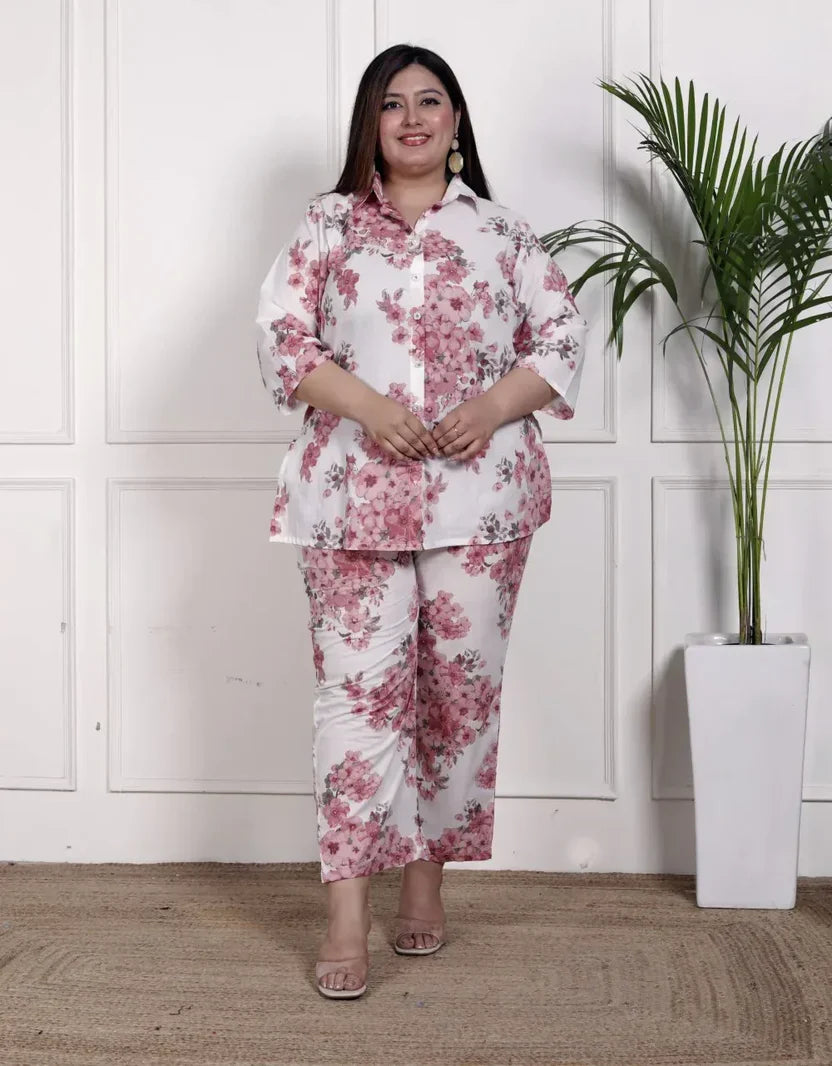 Pink Cotton Floral Print Co-ord Set Plus Size-1200034