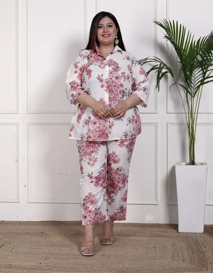 Pink Cotton Floral Print Co-ord Set Plus Size-1200034