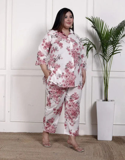 Pink Cotton Floral Print Co-ord Set Plus Size-1200034