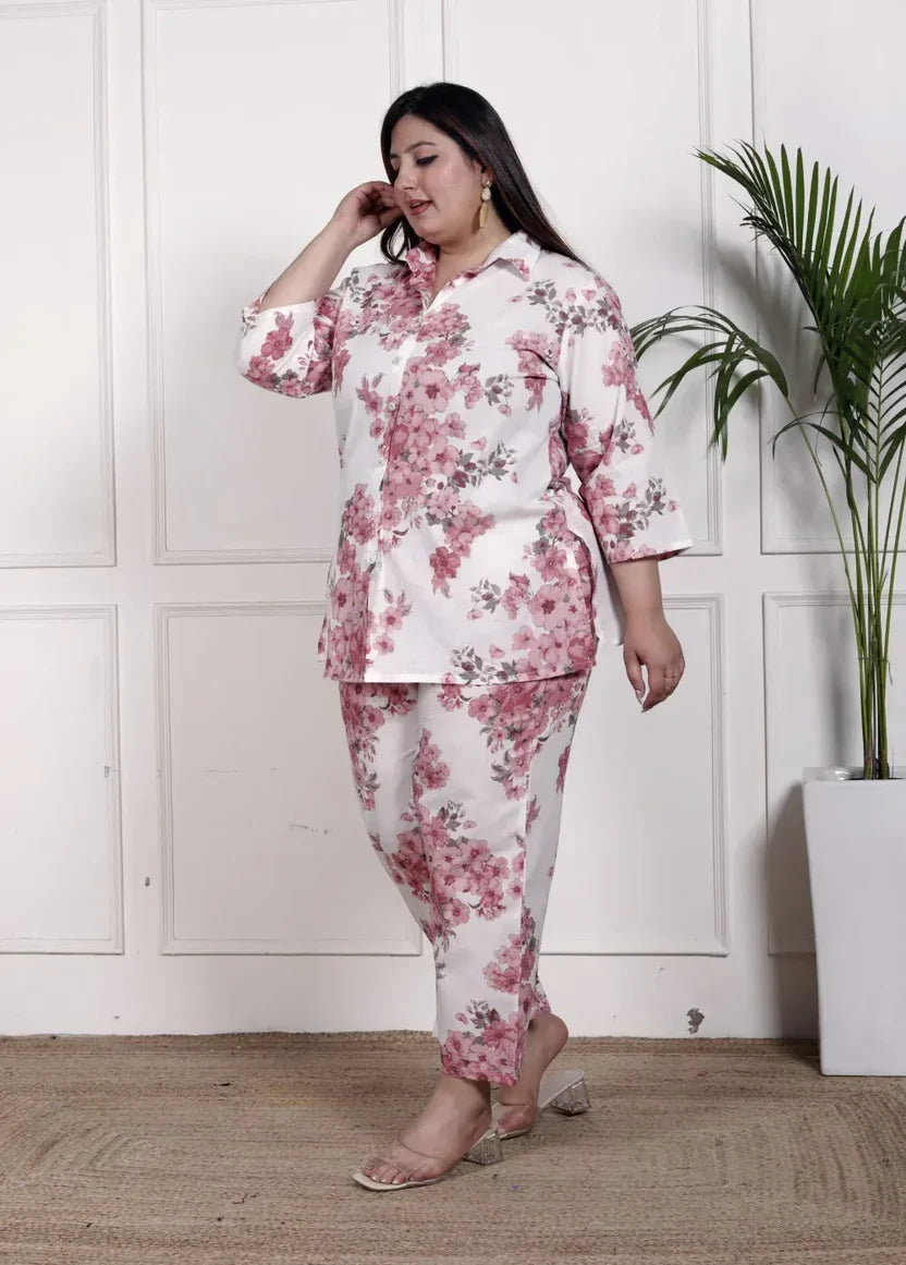 Pink Cotton Floral Print Co-ord Set Plus Size-1200034
