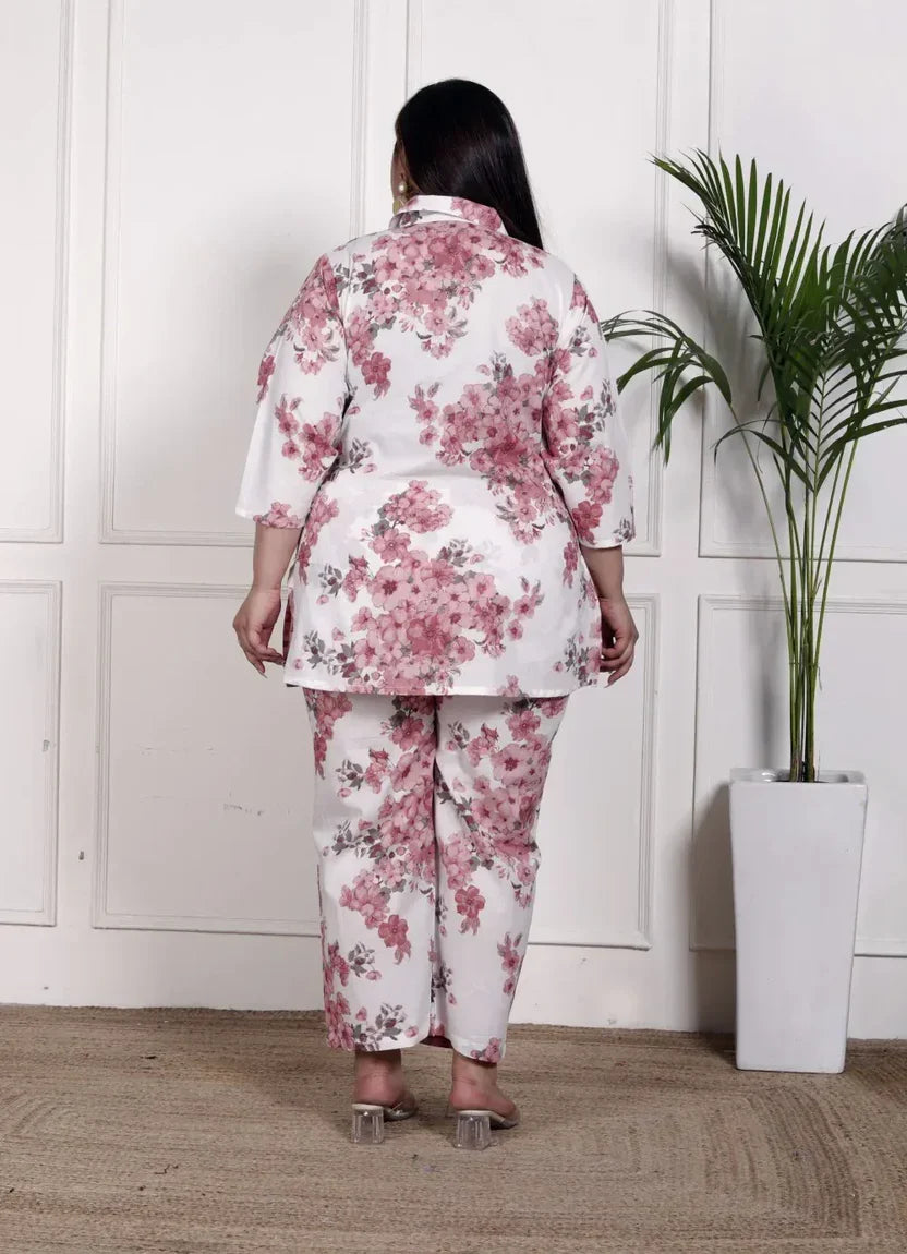 Pink Cotton Floral Print Co-ord Set Plus Size-1200034